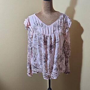 Maurices Pink Floral Ruffle V-Neck Blouse